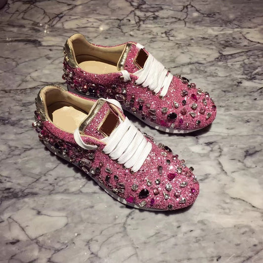 New Luxury Rhinestones Sneakers Lace Up Flat Shoes Woman Bling Mixed Color Crystal Paillette Cozy Women Casual Shoes - LiveTrendsX