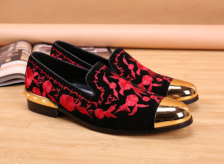 Black Embroidery Suede Leather Men Loafers  Floral Men Vintage Loafers Men's Casual Shoes Men's Flats - LiveTrendsX