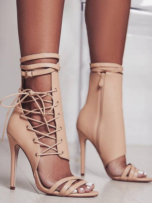 Roman Buckle Strap Shoes Women Sandals Sexy Gladiator Lace Up Peep Toe Sandals High Heels Woman Ankle Boots Black Aprict - LiveTrendsX