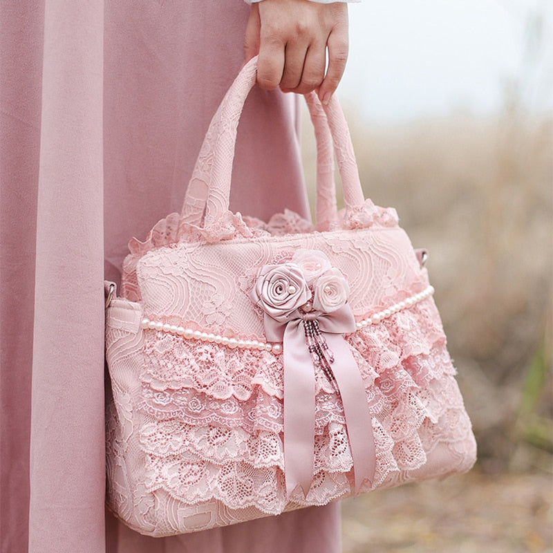 Women Totes Lace Shoulder Bags Floral Lolita Bags Bow Tie Women Bride Wedding Bags Handmade Gothic Vintage Evening Party Bags - LiveTrendsX