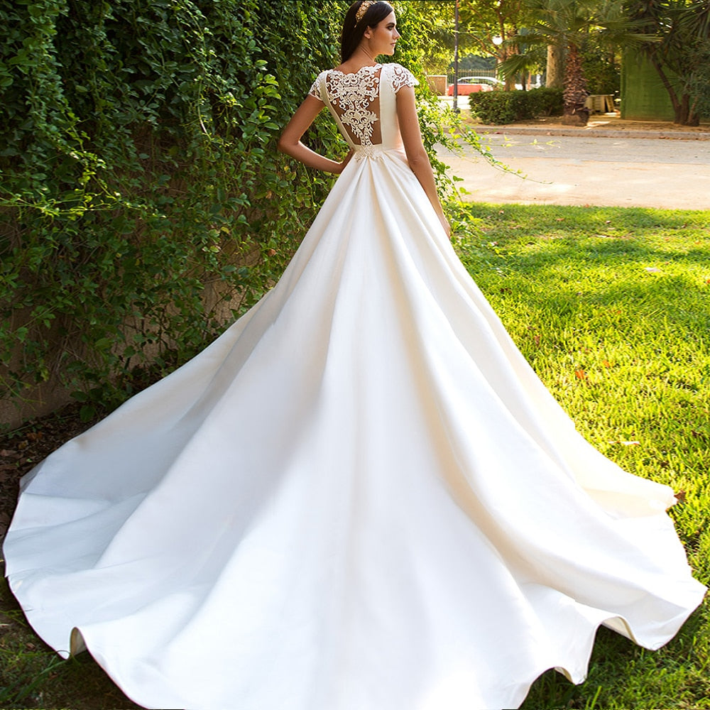 New Listing Short Sleeve Bridal Dresses Beading Appliques Illusion Back France Satin Wedding Gowns Vestidos De Boda - LiveTrendsX