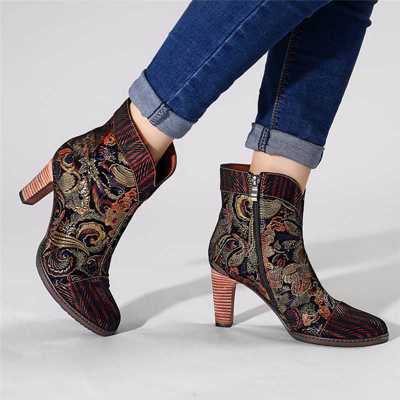 Retro Printed Sheep Women Boots Leather Boots Women Shoes Woman Vintage Block High Heels 8cm Ankle BootsZapatos De Mujer - LiveTrendsX