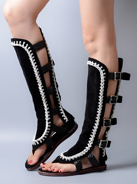 Open Toe Thick Bottomed Hollow Out Women Knee High Boots Sandals Flat White Knitting Mix Suede Leather Sandals - LiveTrendsX