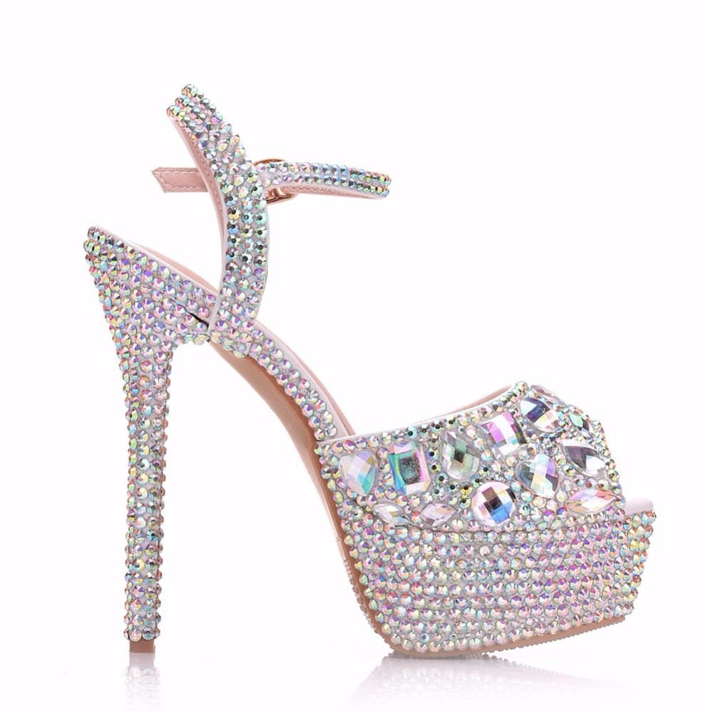 Crystal Queen Diamond Women Super High Heel Wedding Pumps 14cm Peep Shoes  Platform 4CM Crystal Wristband Colorful Thin Heels - LiveTrendsX