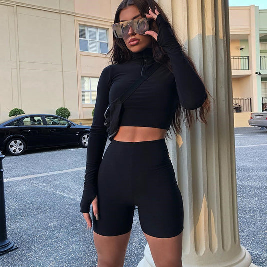 long sleeve zipper high neck elastic sexy crop tops shorts 2-pieces 2018 summer autumn women fashion casual sports sets - LiveTrendsX