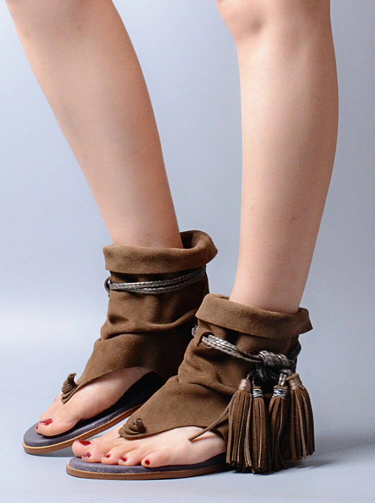 Lady Ankle Boots Sandal Shoe Thong Tassel Fringe Bohemia Summer Ethnic Vintage Style Gladiator Flat Sandal - LiveTrendsX