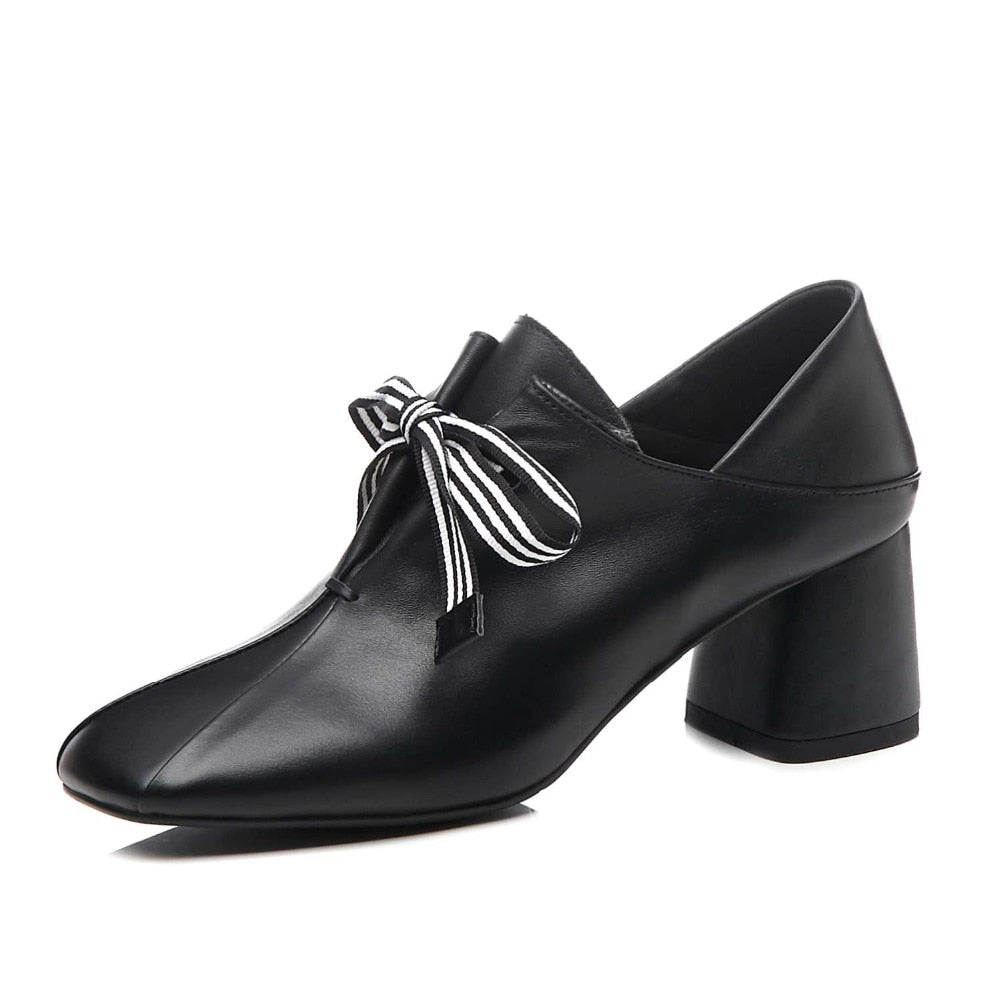 Original design striped lace up fashion British style thick med heels daily wear pumps square toe genuine leather shoes - LiveTrendsX