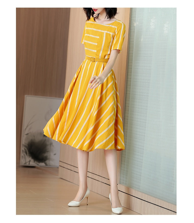 Striped yellow dress in the long temperament new summer short sleeves waist a-line skirt - LiveTrendsX