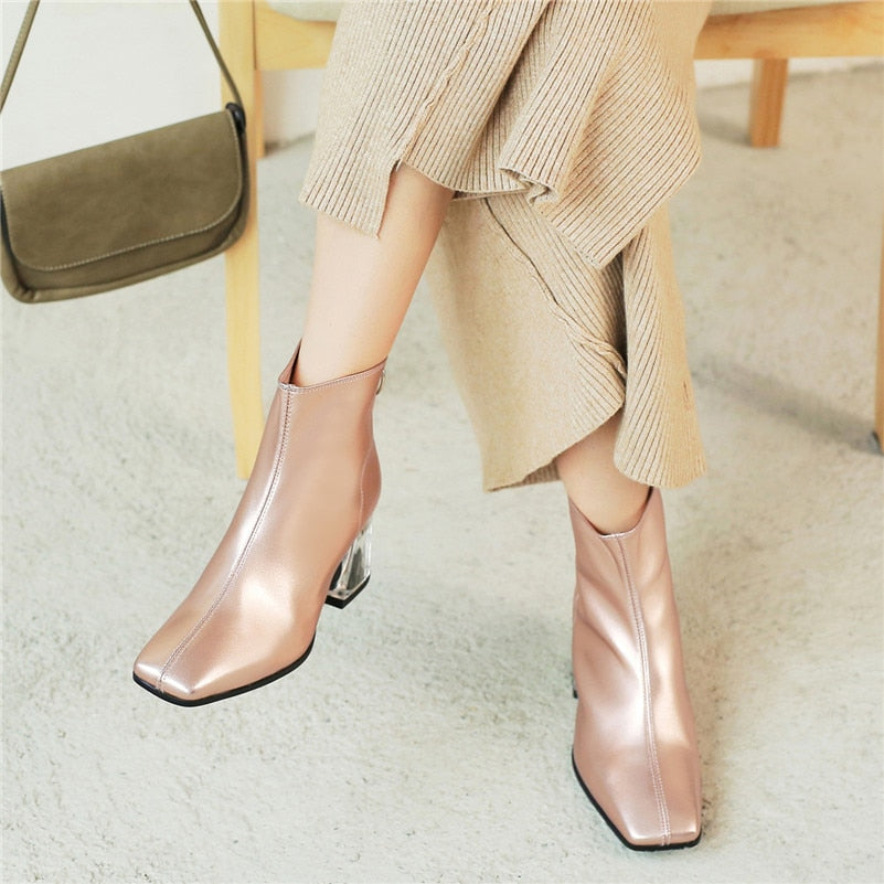 Autumn Winter Fashion Genuine Leather Women Ankle Boots Back Zipper High Heels Party Night Club Shoes Woman Short Boots - LiveTrendsX
