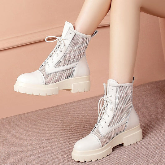 new ankle boots for women round toe lace up mesh+genuine leather shoes platform summer women boots big size 34-42 - LiveTrendsX