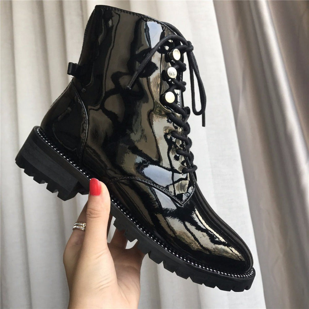Genuine Leather Thick Heel Round Toe Lace Up Winter Boots Superstar Luxury Punk Rock Metal Rivets Fasteners Ankle Boots - LiveTrendsX