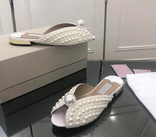 New flip flops Pearl Flat slippers for Women Peep toe White full Pears Summer flats Runway shoes Beach Mules Slides - LiveTrendsX