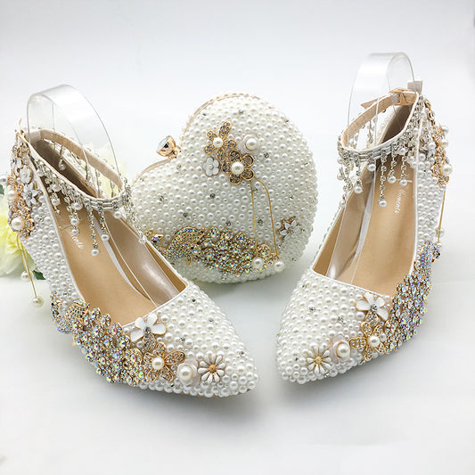 Women Shoes Wedding Big Size 43-47Heels For Party  White Pearl Crystal Peacock Metal Flowers Tassel Pointed Toe Pumps Customize - LiveTrendsX
