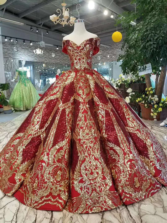 luxury floor length queen prom dresses red curve shape ball gown golden lace evening party dresses glitter free shipping - LiveTrendsX