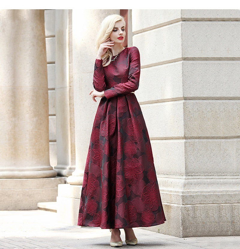 Women's Long Sleeve Long Maxi Autumn winter Dress Elegant Burgundy Floral Jacquard lady Fall Dress Boho Vintage Fashion Plus size - LiveTrendsX