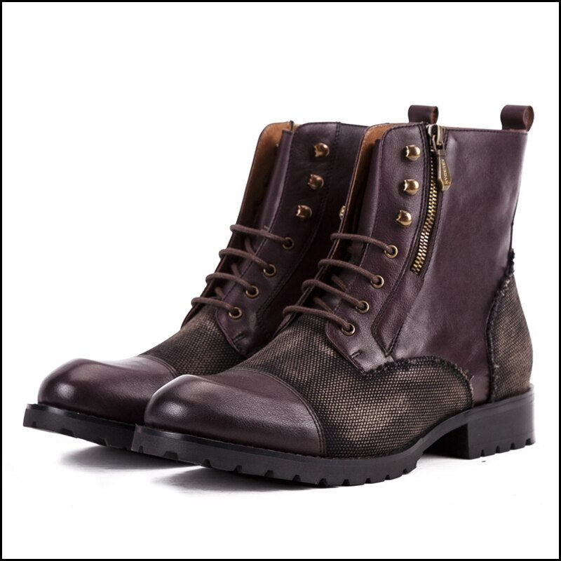 Genuine Leather Man High-Top Riding  Platform Shoes Round Toe Men's Handmade Military Ankle Boots - LiveTrendsX