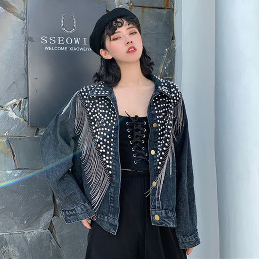Autumn Streetwear Denim Jacket Women Hand-studded Rivet Tassel Chain Short Jeans Jacket Loose Black Coats - LiveTrendsX