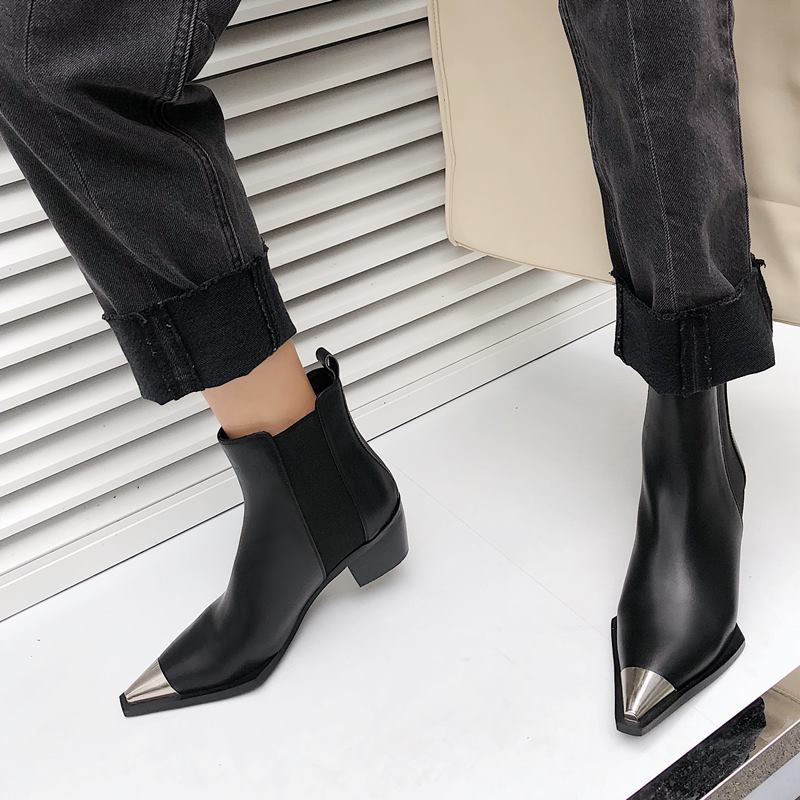 Natural Genuine leather boots women metal pointed toe ladies ankle boots for women square heels spring autumn shoes - LiveTrendsX