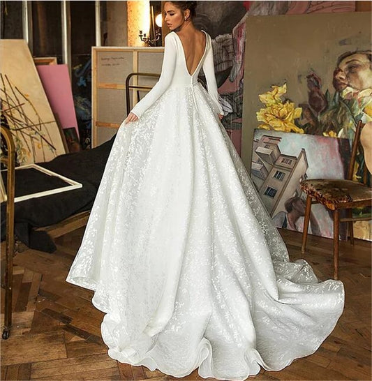 Lace Wedding Dress 2019 Long Sleeve V-neck Boho Bridal Gowns Satin Backless White Vestido de noiva Plus size custom - LiveTrendsX