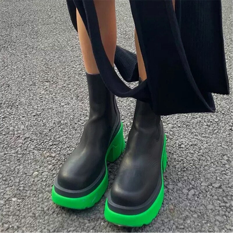 Women Chelsea Boots Platform Thick High Heel Ankle Boots