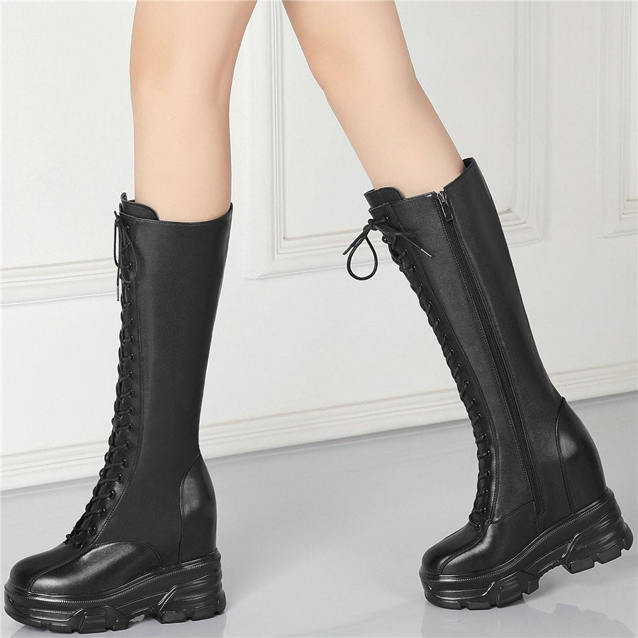 Women Lace Up Strap Cow Leather High Heel Mid Calf Military Boots