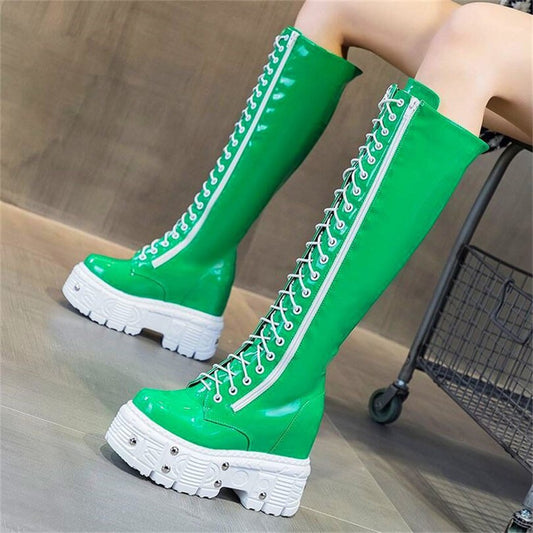 Women Genuine Leather Knee High Boots Platform Wedge High Heels
