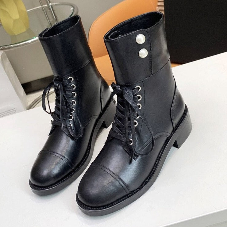 Lace Up Real Leather Martin Boots Women Pearl Chelsea Boots