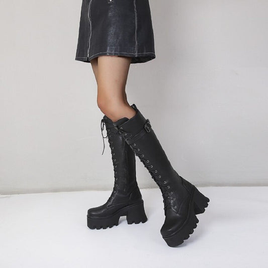 Cross Strap Belt Buckle High Chunky Heel Street Trendy Boots For Women