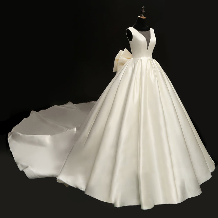 retro satin face oversize bow bridal ball gown sexy deep-v neck illusion mesh wedding reflective dress - LiveTrendsX