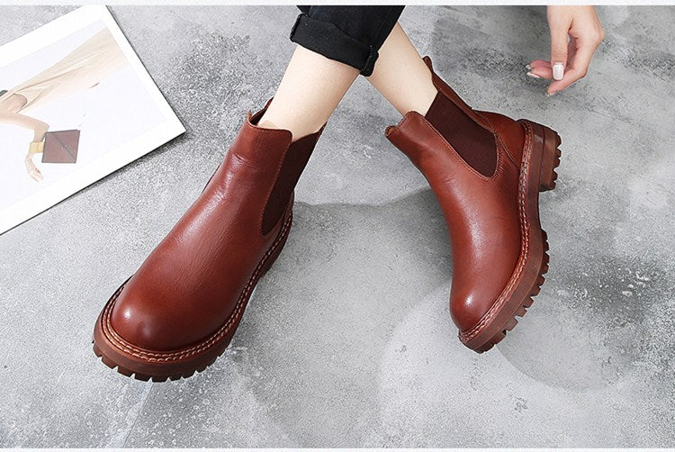 Chelsea Boots Ladies 2020 Spring New Genuine Leather British Style Retro Female Martin Boots Thick Heel - LiveTrendsX