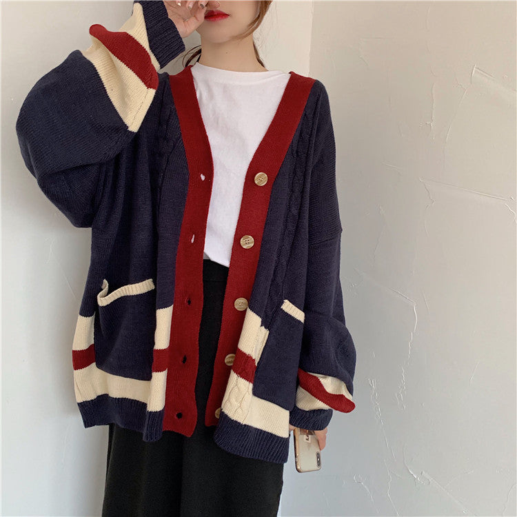 Women Autumn Winter Twist Patchwork Long Sweater Coat Female Long Sleeve V Neck Knitted Cardigan Loose plus size Pocket Outwear - LiveTrendsX