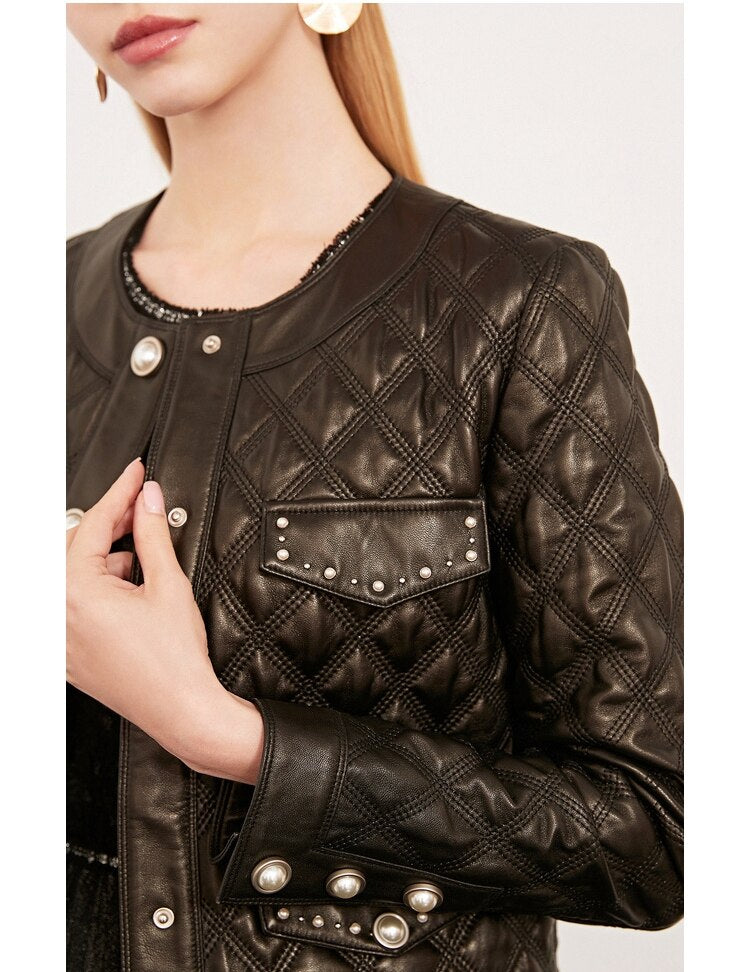 Woman Coats Natural Sheepskin Leather Female Jackets Long Sleeves Real Leather Sheepskin Short Overcoat Rivet Pearl Decoration - LiveTrendsX