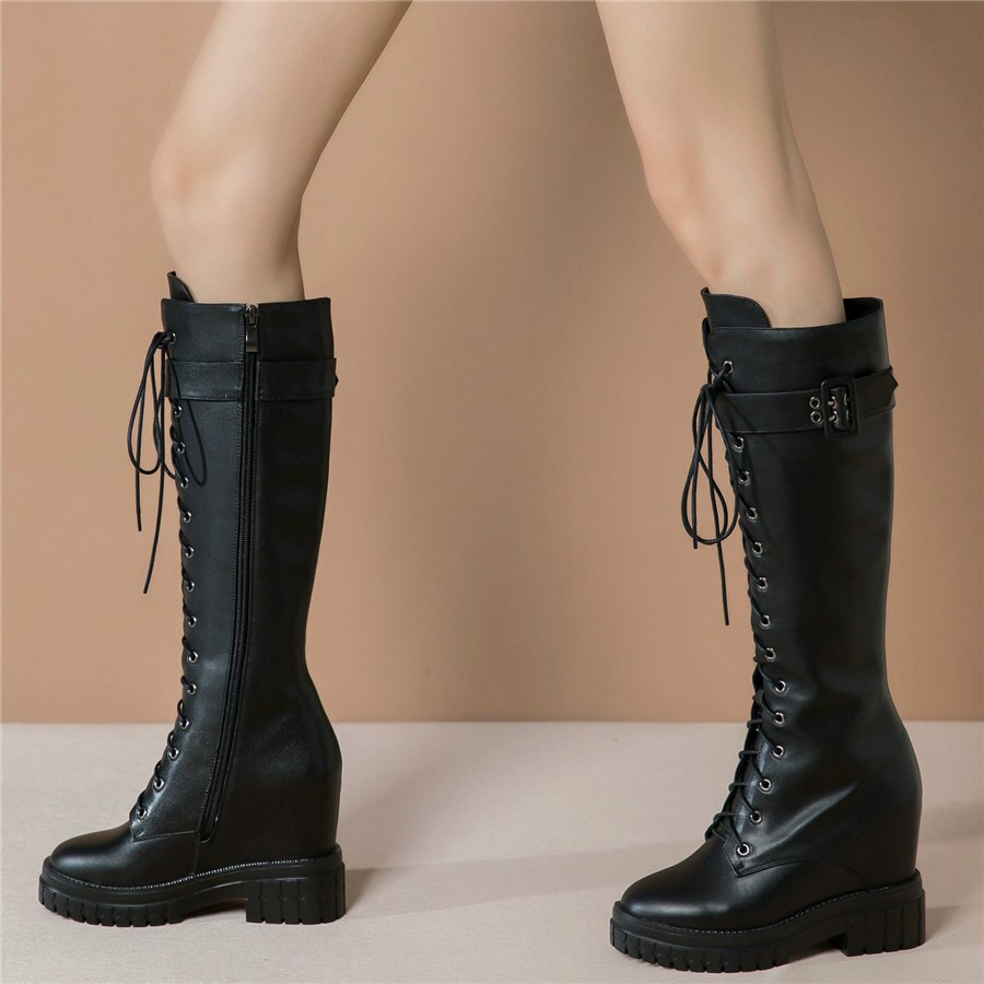 Women Genuine Leather Hidden Wedges High Heel Knee High Boots