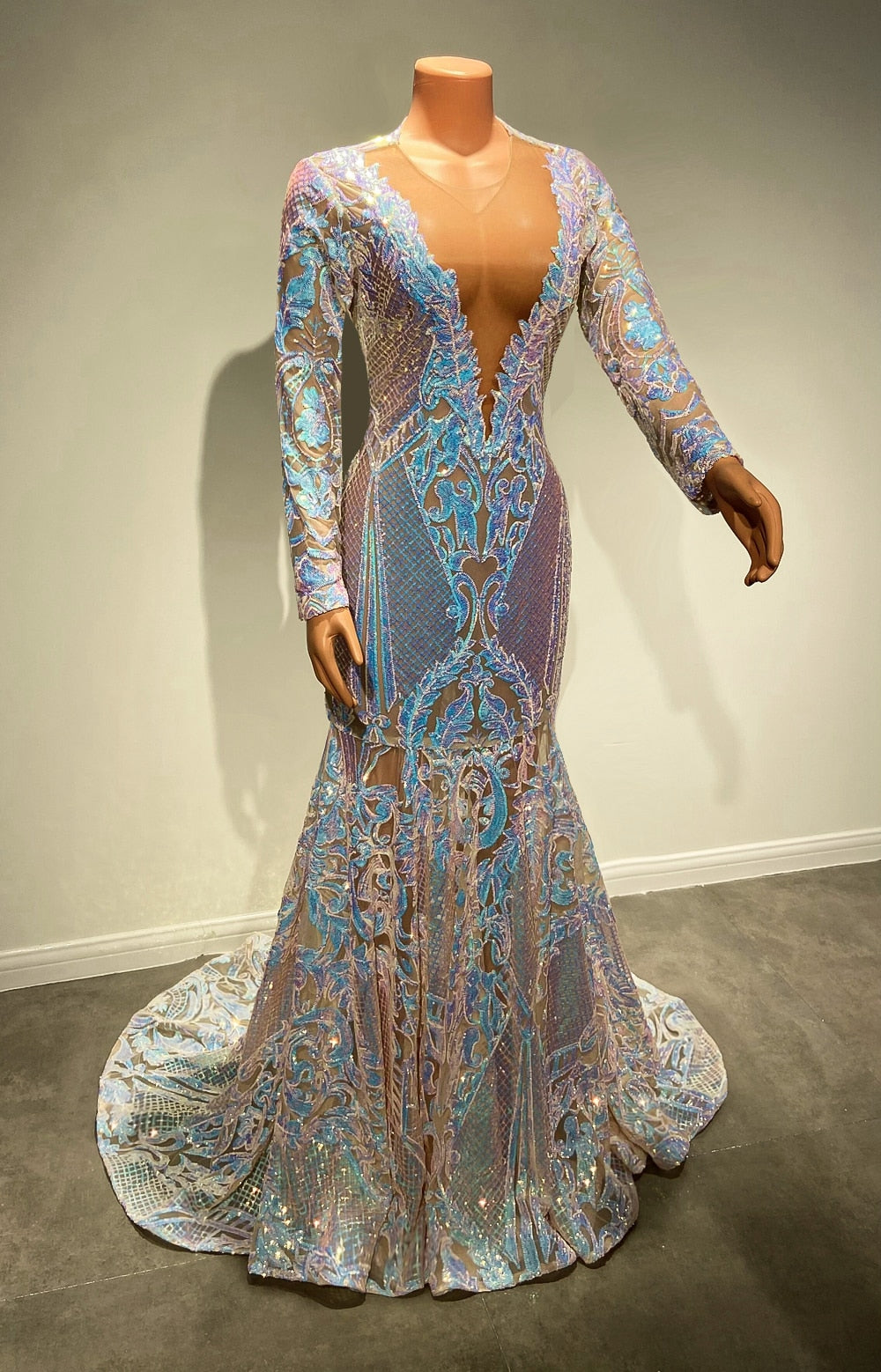 Sheer O-neck Sparkly Long Sleeve Sexy Mermaid Girls Prom Gowns