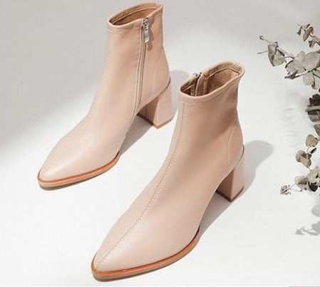 Sheepskin Boots Women Ankle Booties Pointed Toe Fashion Shoes Female Zip High Heels Party Shoes Ladies Spring Pink 2020 - LiveTrendsX