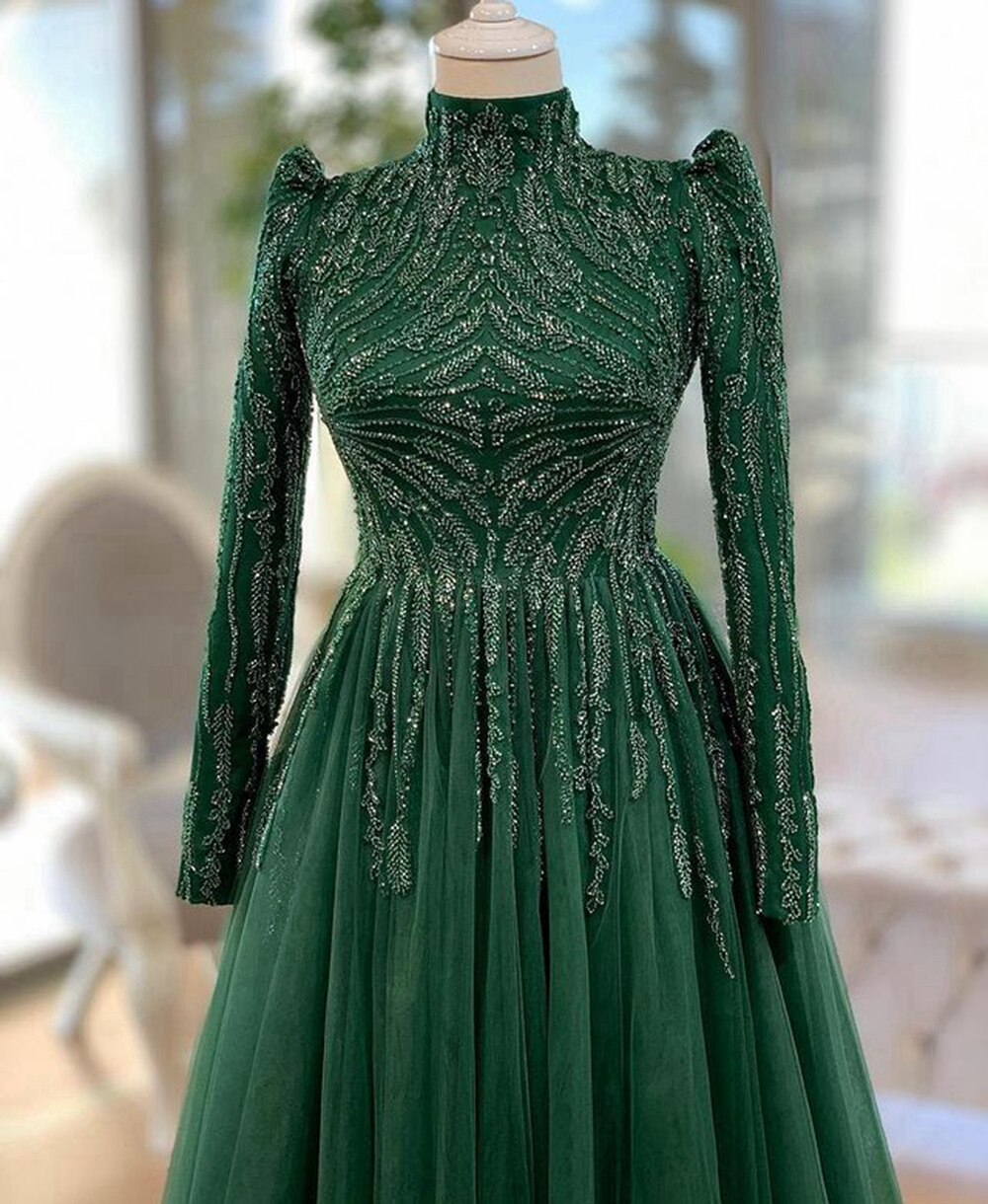 High Neck Luxury Beaded Emerald Green Tulle Women Formal Party Gowns