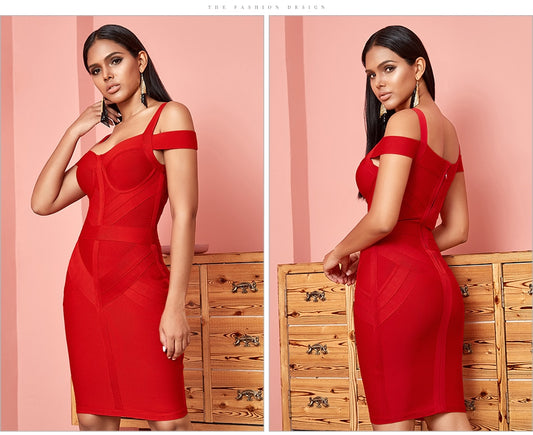 Off Shoulder Bodycon Bandage Dress Women Sexy Wine Red Spaghetti Strap Club Dress Vestidos Celebrity Evening Party Dresses - LiveTrendsX
