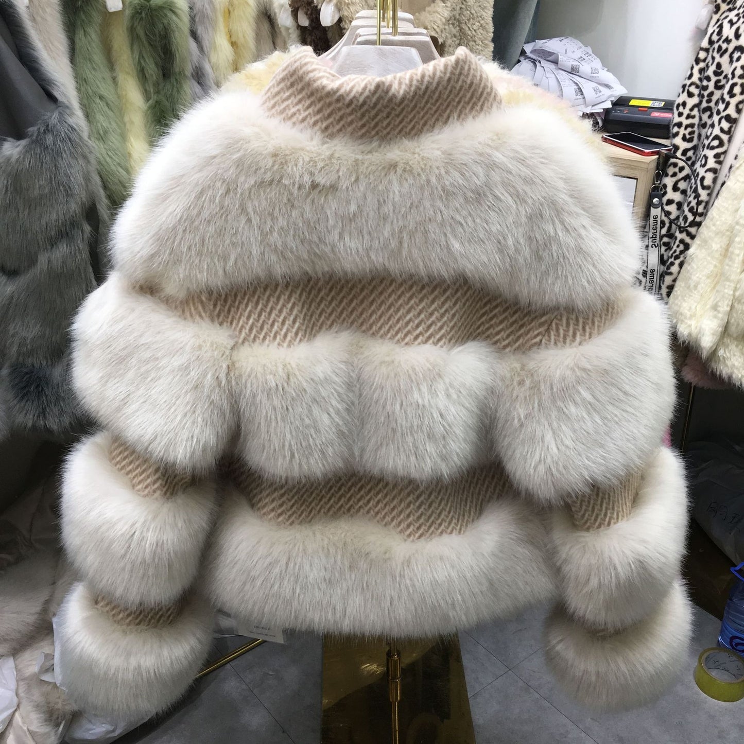new fashion  winter women tweed faux fur patchwork coats elegant stand collar zipper short imitation fur jackets w2037 - LiveTrendsX