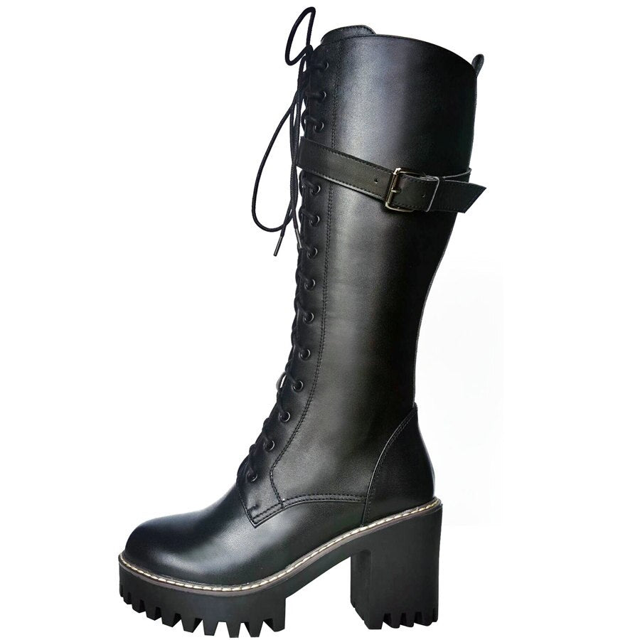 Knee High Motorcycle Boots Female Round Toe Platform Pumps Shoes