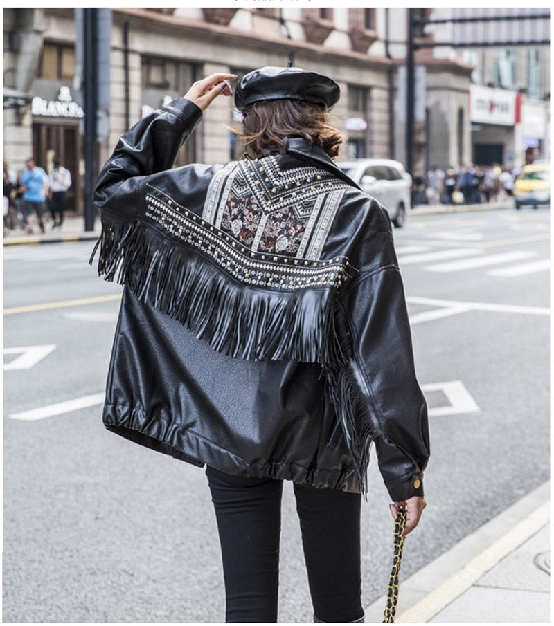 Leather Jacket Women Fringed Rivet Punk PU Leather Jacket Locomotive Short Coat Motorcycle Outerwear Lady Embroidery Coats - LiveTrendsX