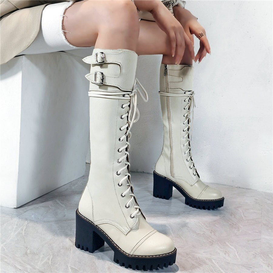 Women Lace Up Straps Genuine Leather Chunky High Heels Motorcycle Boots