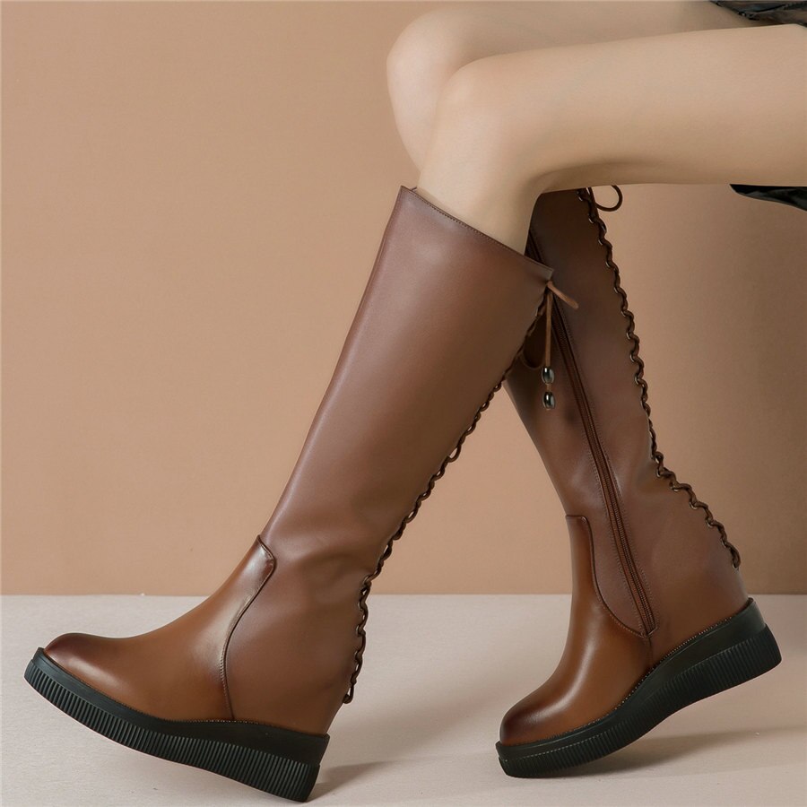 Knee High Military Boots Female Back Lace Up Round Toe Platform Pumps Shoes