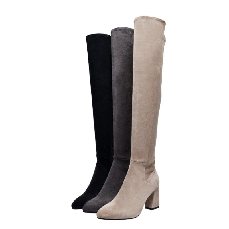 Sexy Slim Fit Elastic Flock Over The Knee Round Head Zipper Boots Women Shoes