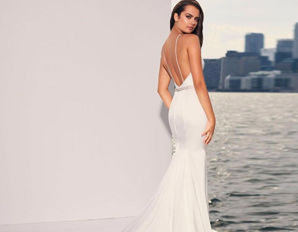 Satin Mermaid Wedding Dresses Vestido De Noiva Sereia Sexy Backless Shiny Beading Waist Simple White Gowns - LiveTrendsX