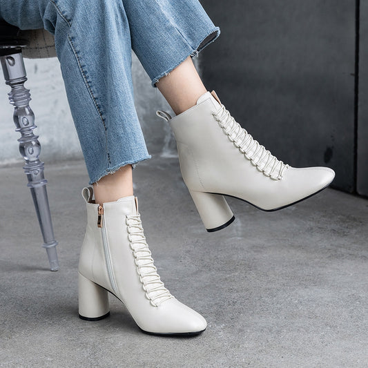 INS HOT New Women Ankle Boots Genuine Leather 22-24.5 Cm Feet Length Boots for Women Pointed Toe Chelsea Boots High Heel Boots - LiveTrendsX