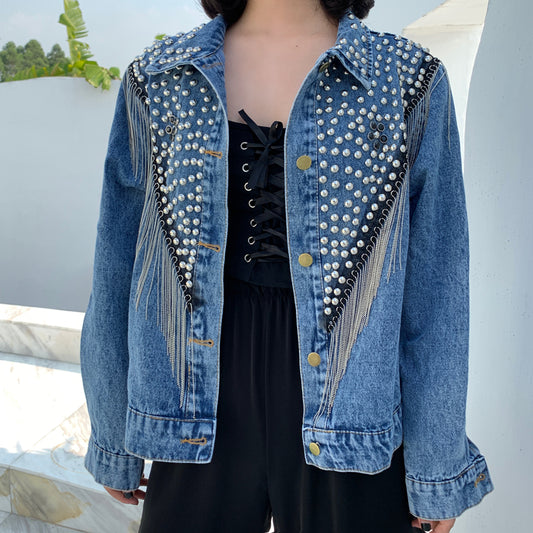 Autumn Streetwear Denim Jacket Women Hand-studded Rivet Tassel Chain Short Jeans Jacket Loose Black Coats - LiveTrendsX