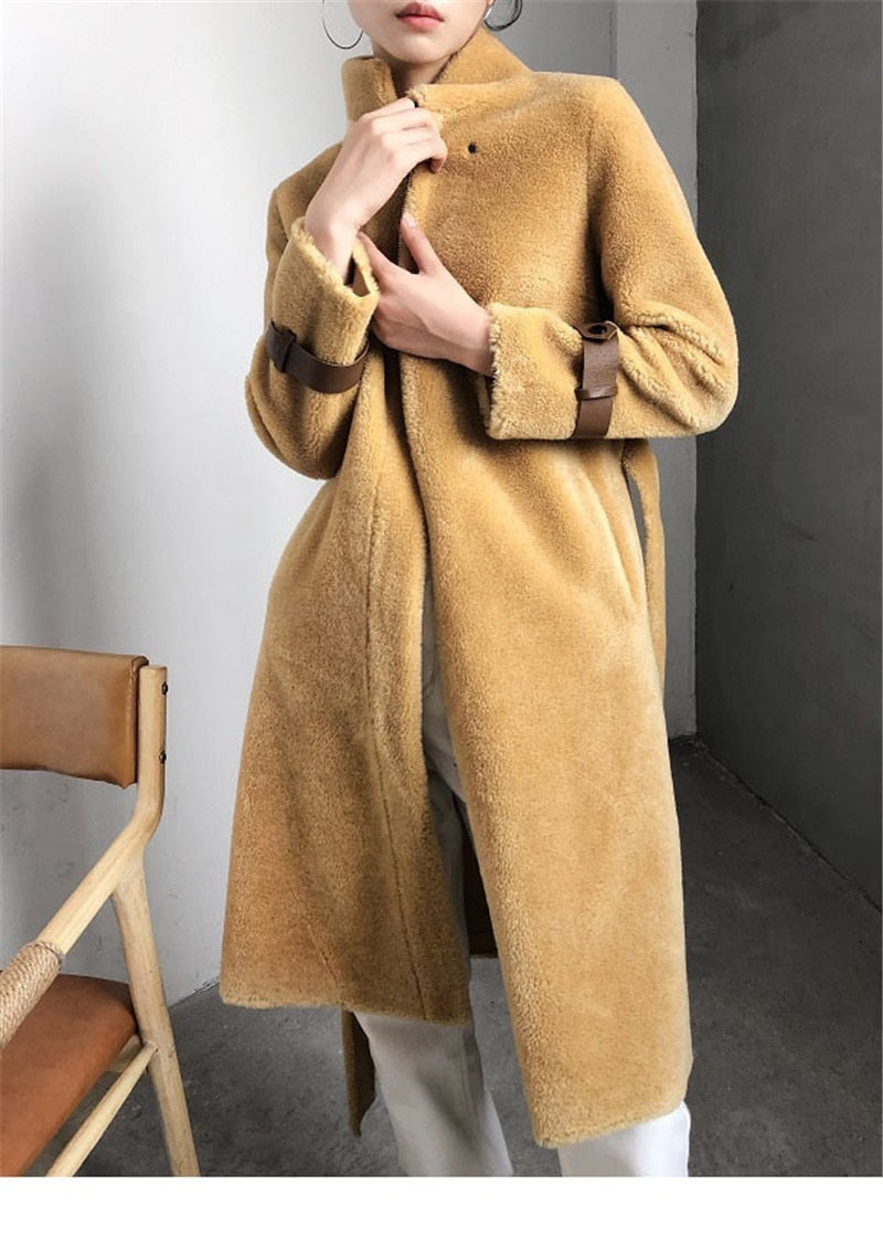 Fur Long Coat Overcoat Women's Winter Warm Genuine Sheep Fur Jacket Ladies 100% Wool Coat - LiveTrendsX
