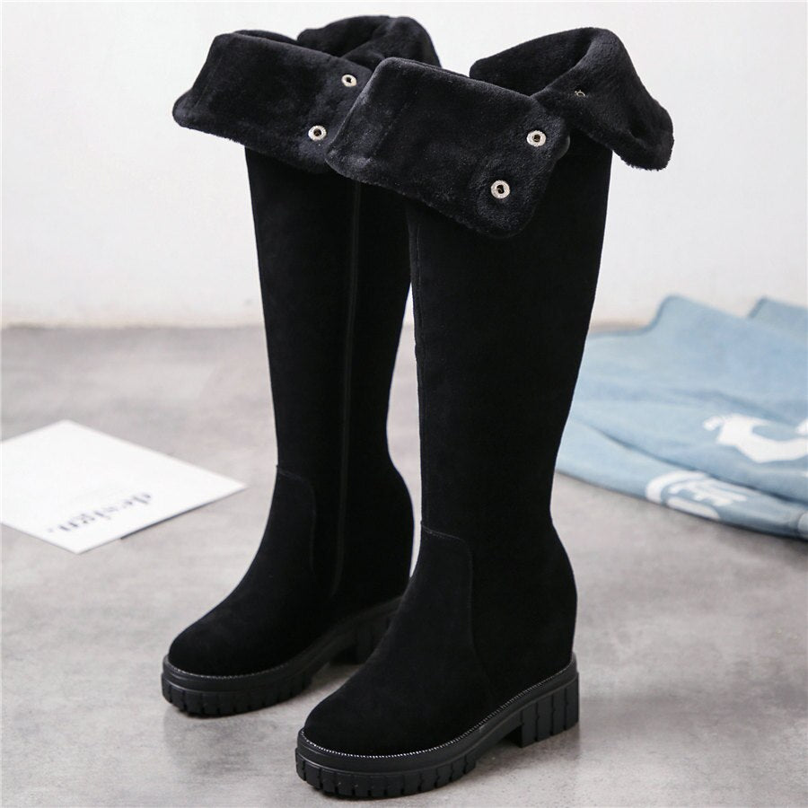 Women Black Genuine Leather High Heel Knee High Military Boots