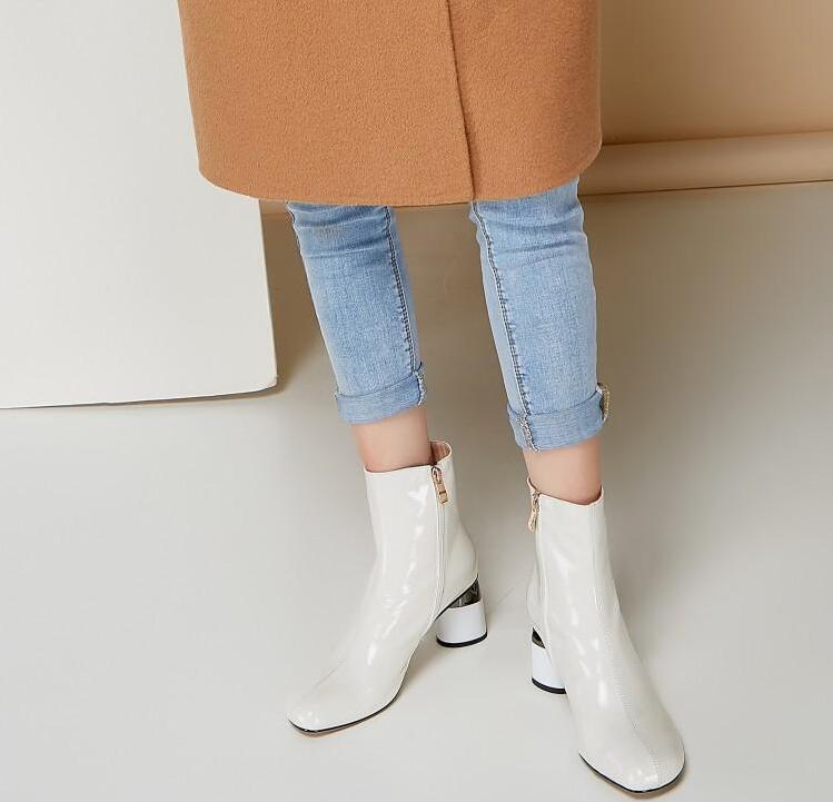 White Patent Leather Women Boots Short Autumn Botas Mujer Ladies Outside Winter Footwear 6cm Round Heels Chelsea Boots Woman - LiveTrendsX
