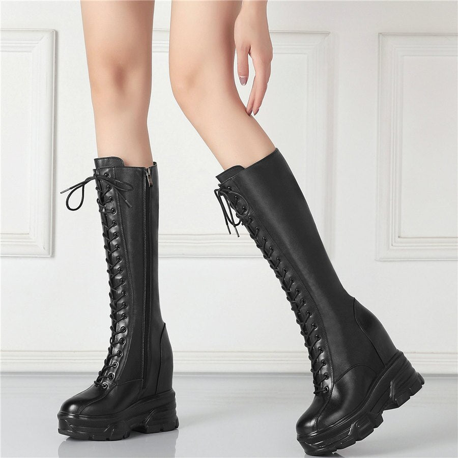 Women Lace Up Strap Cow Leather High Heel Mid Calf Military Boots